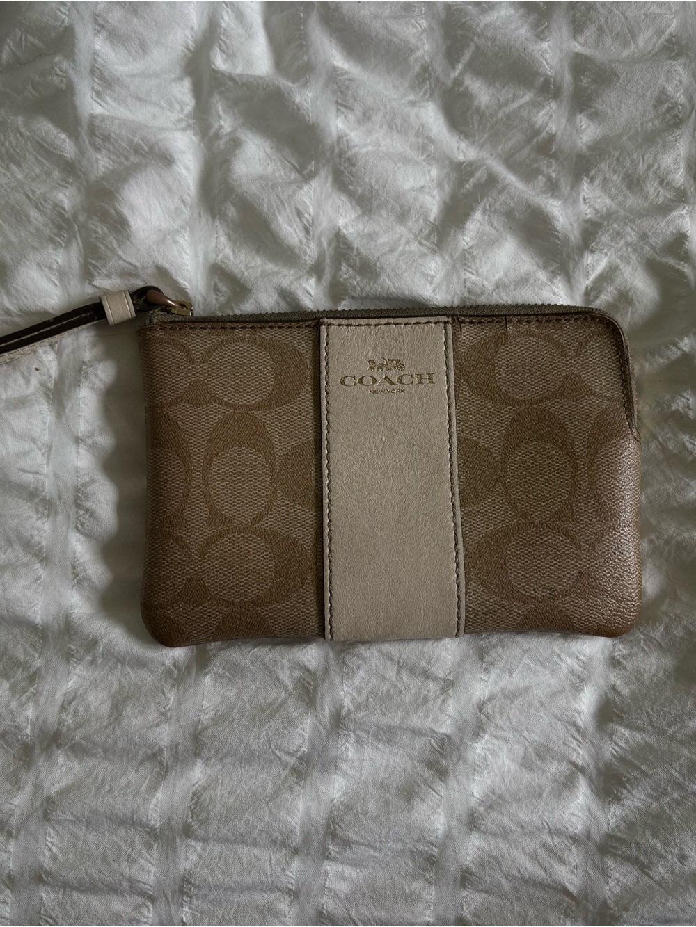 Coach Brown Signature Canvas Wristlet with Cream Center Stripe